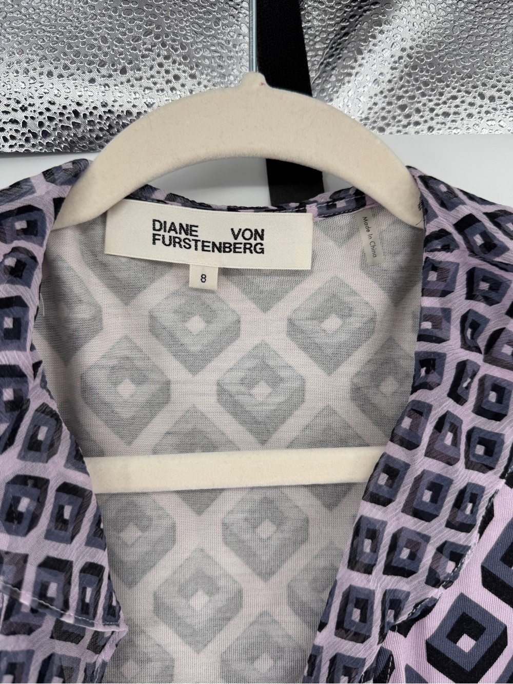 Diane Von Furstenberg Whimsigoth Retro Office Siren Lavender/Navy Midi Dress Sz8 - Picture 2 of 14